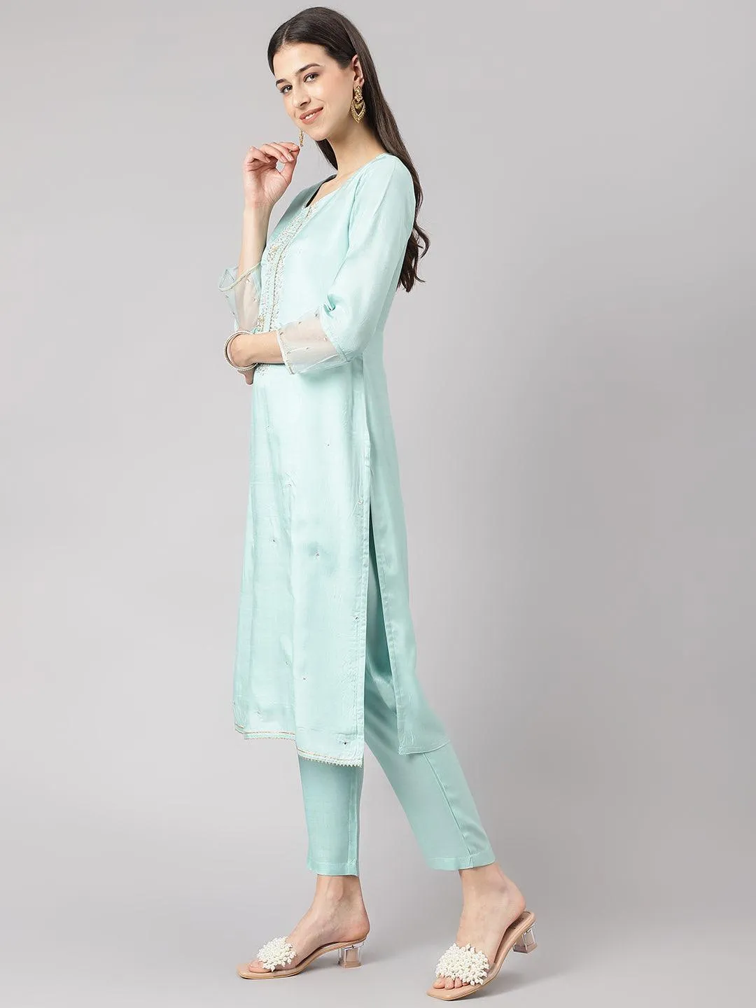 Sea Green Muslin Embroidery Kurta Pant Set With Organza Dupatta