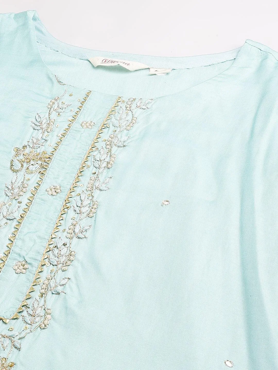 Sea Green Muslin Embroidery Kurta Pant Set With Organza Dupatta
