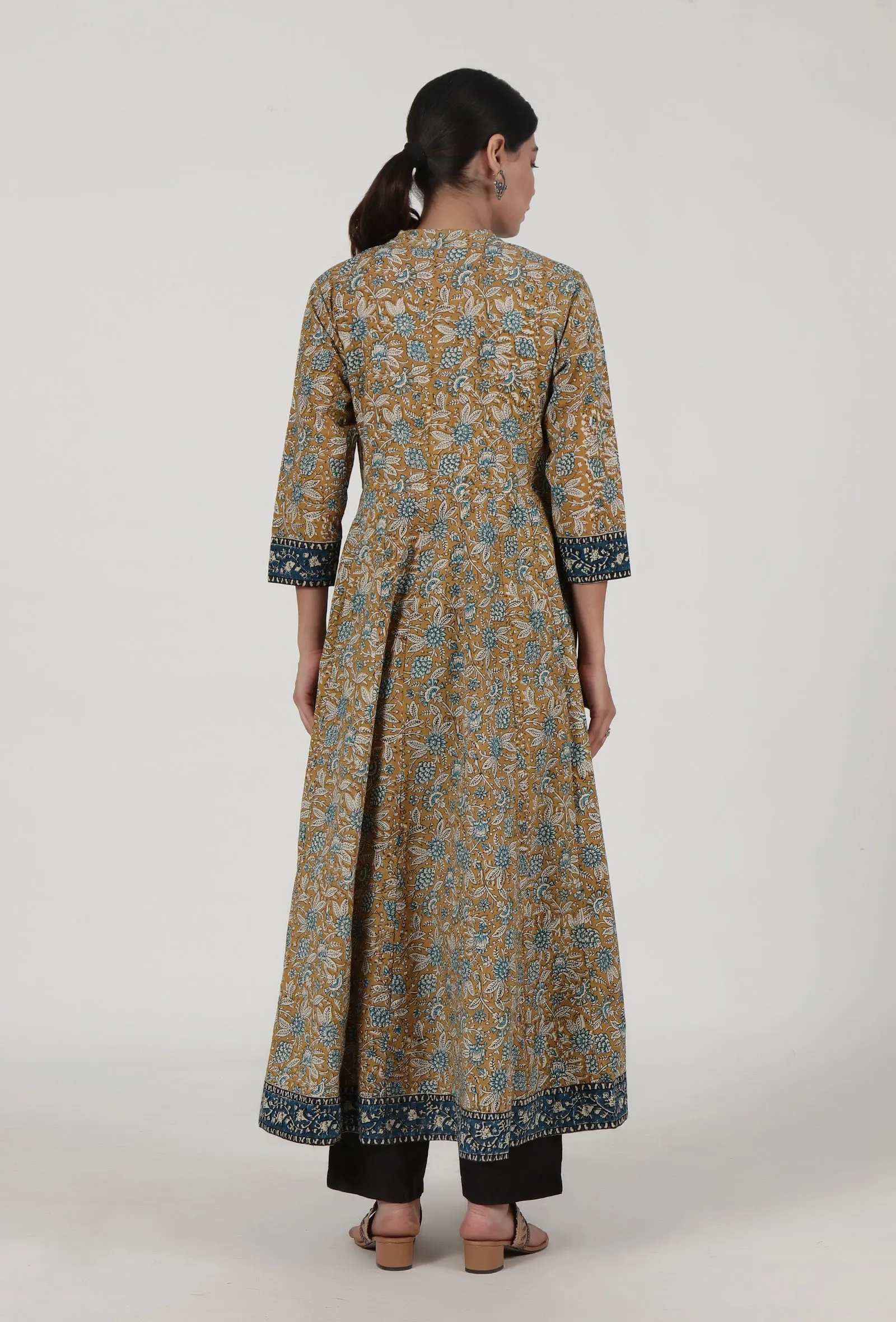 Set Of 2: Ajrakh Printed Brown Cotton Anarkali & Pant Set