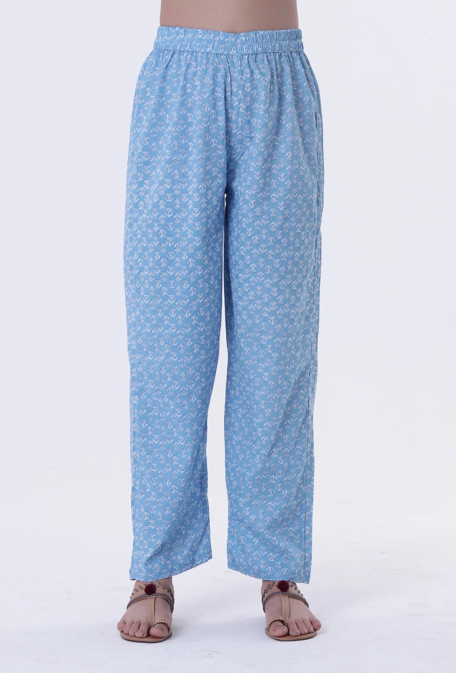 Set Of 2: Blue & White Cotton Block Printed Kurta & Pant