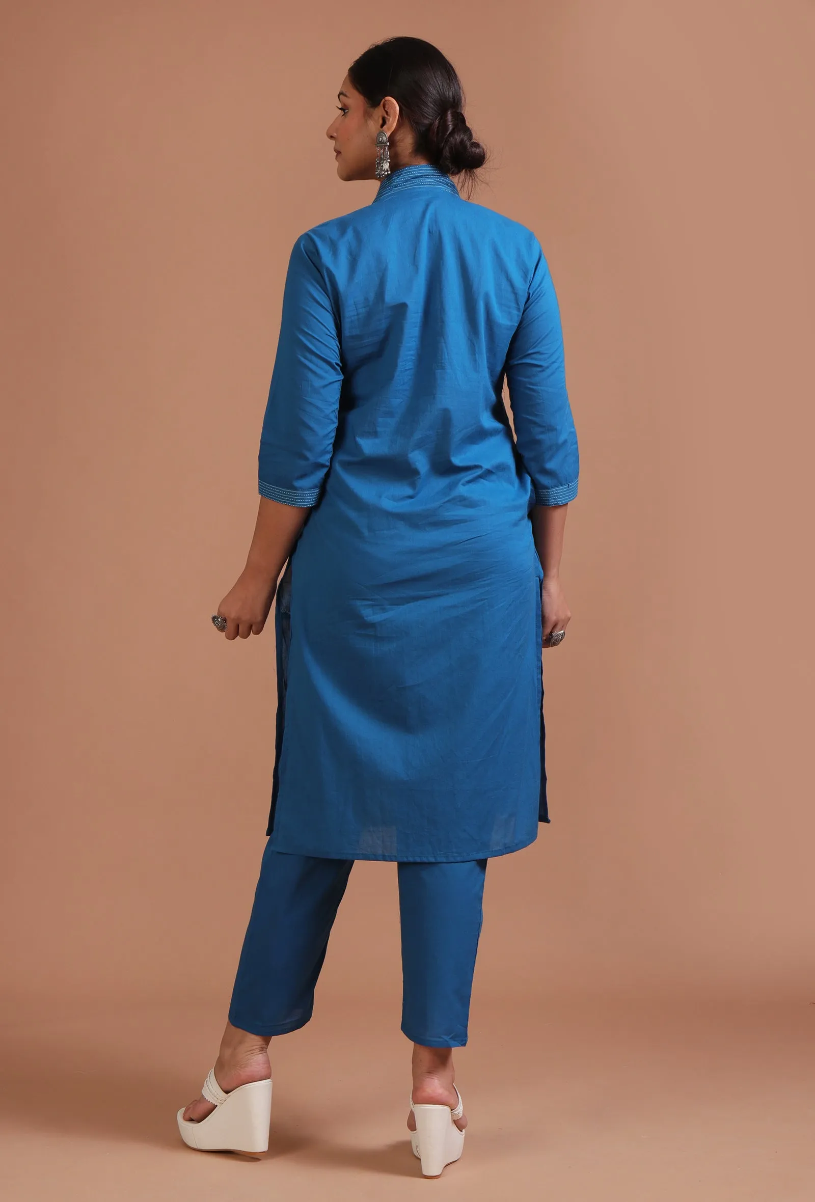 Set Of 2: Blue Cotton Solid Plain Kurta & Pant Set