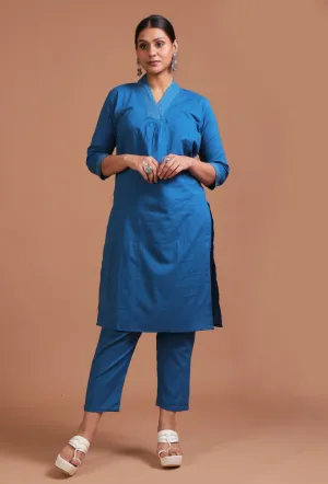 Set Of 2: Blue Cotton Solid Plain Kurta & Pant Set
