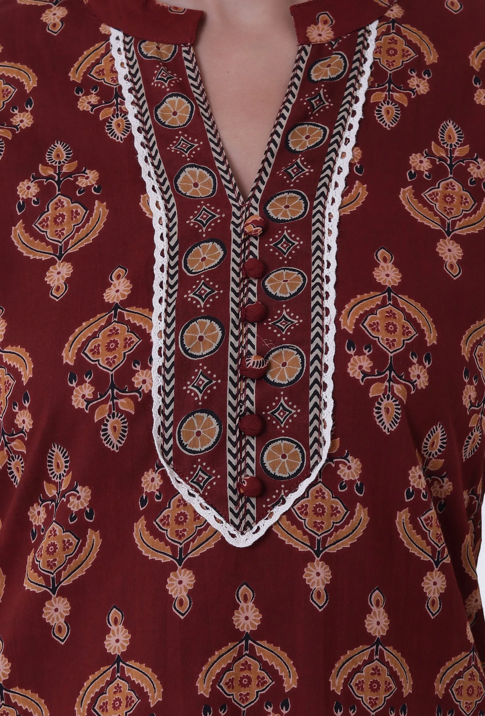 Set Of 2: Red & Multicolor Cotton Block Printed Kurta & Pant