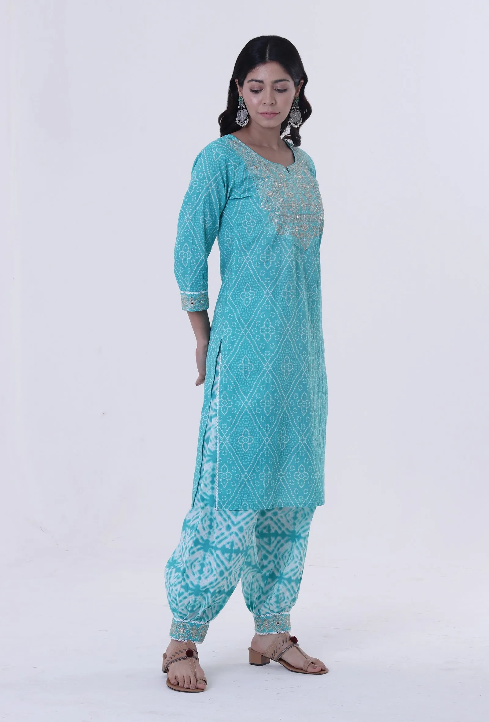 Set Of 2: Turquoise & White Cotton Block Printed Kurta & Pant