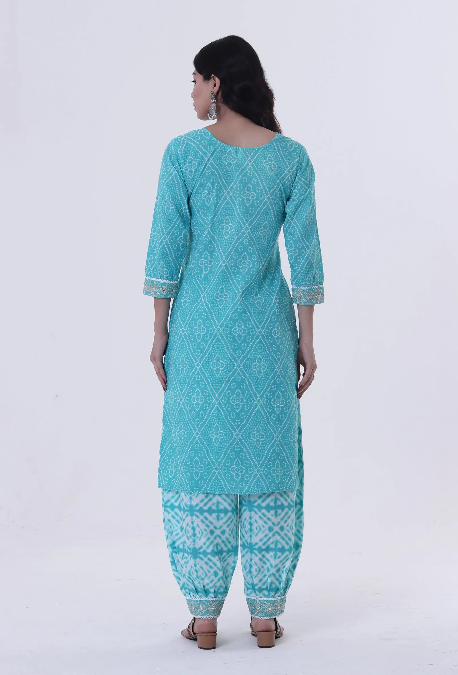 Set Of 2: Turquoise & White Cotton Block Printed Kurta & Pant