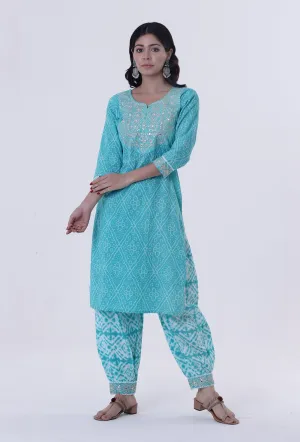Set Of 2: Turquoise & White Cotton Block Printed Kurta & Pant