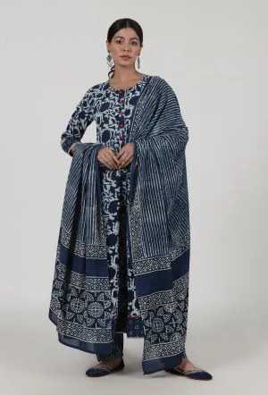 Set Of 3: Indigo Printed Blue Cotton Anarkali, Pant & Dupatta Set