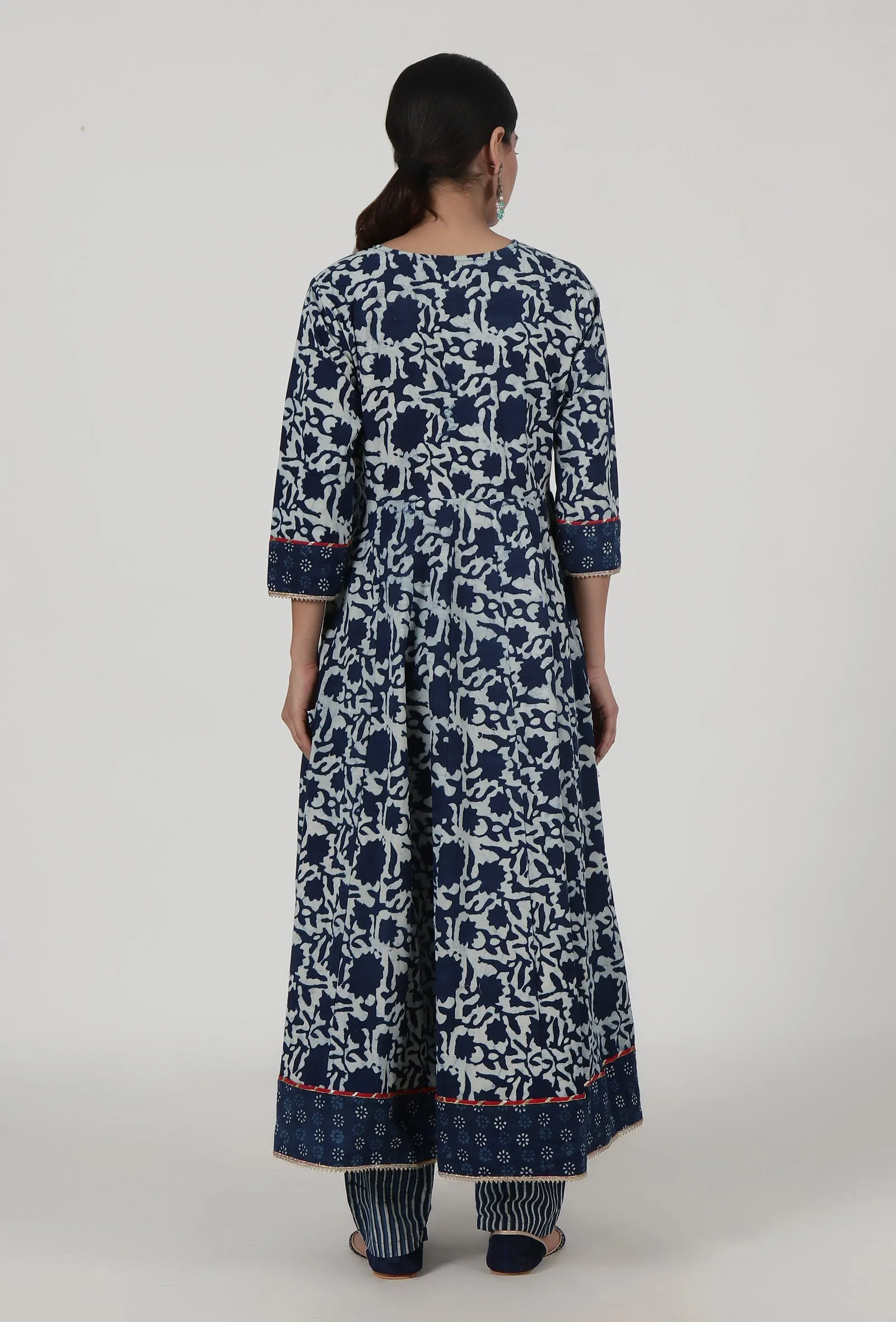 Set Of 3: Indigo Printed Blue Cotton Anarkali, Pant & Dupatta Set