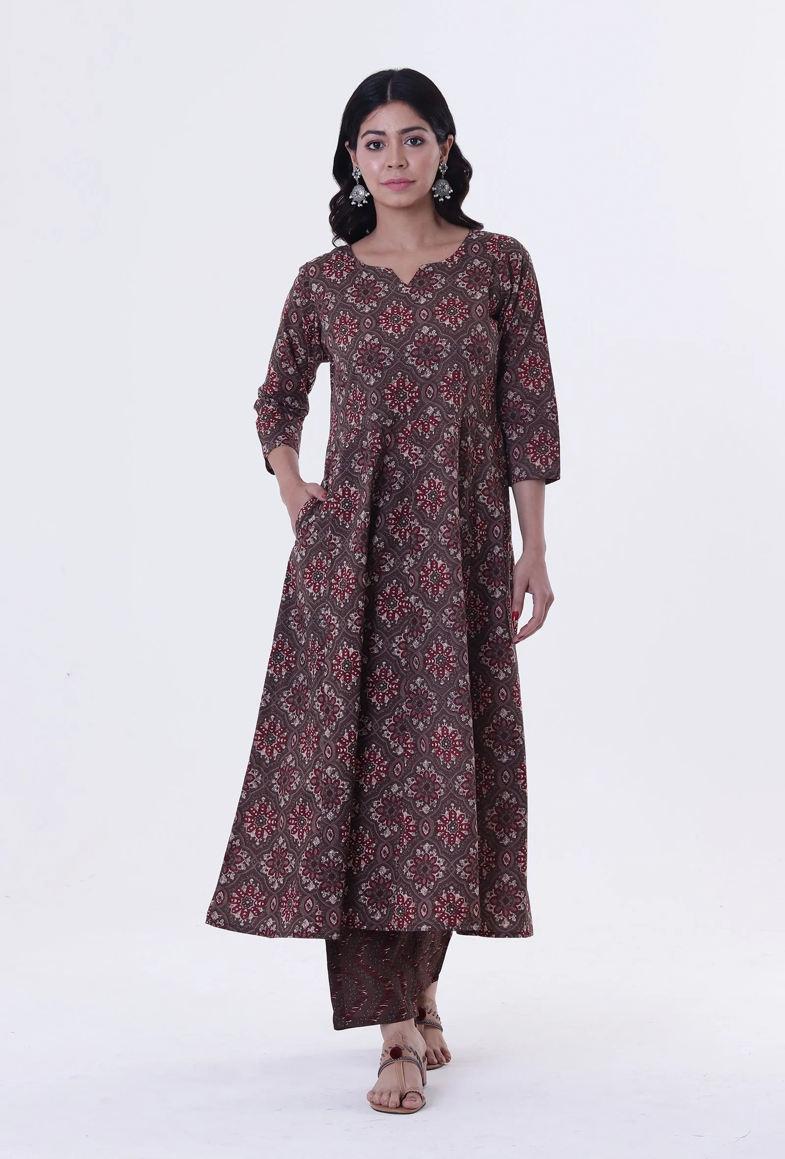 Set Of 3: Woody Brown & White Cotton Block Printed Kurta, Pant & Dupatta