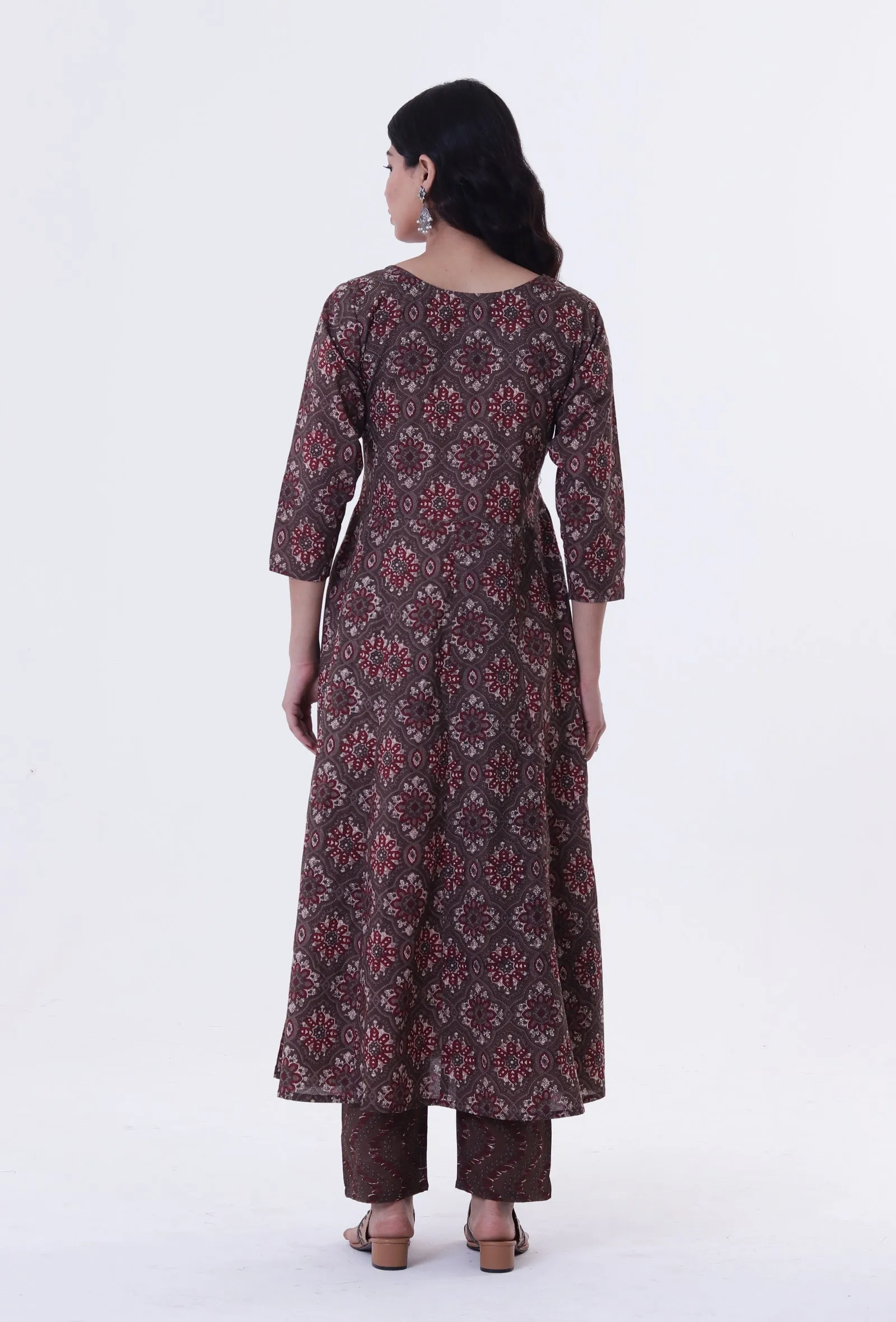 Set Of 3: Woody Brown & White Cotton Block Printed Kurta, Pant & Dupatta