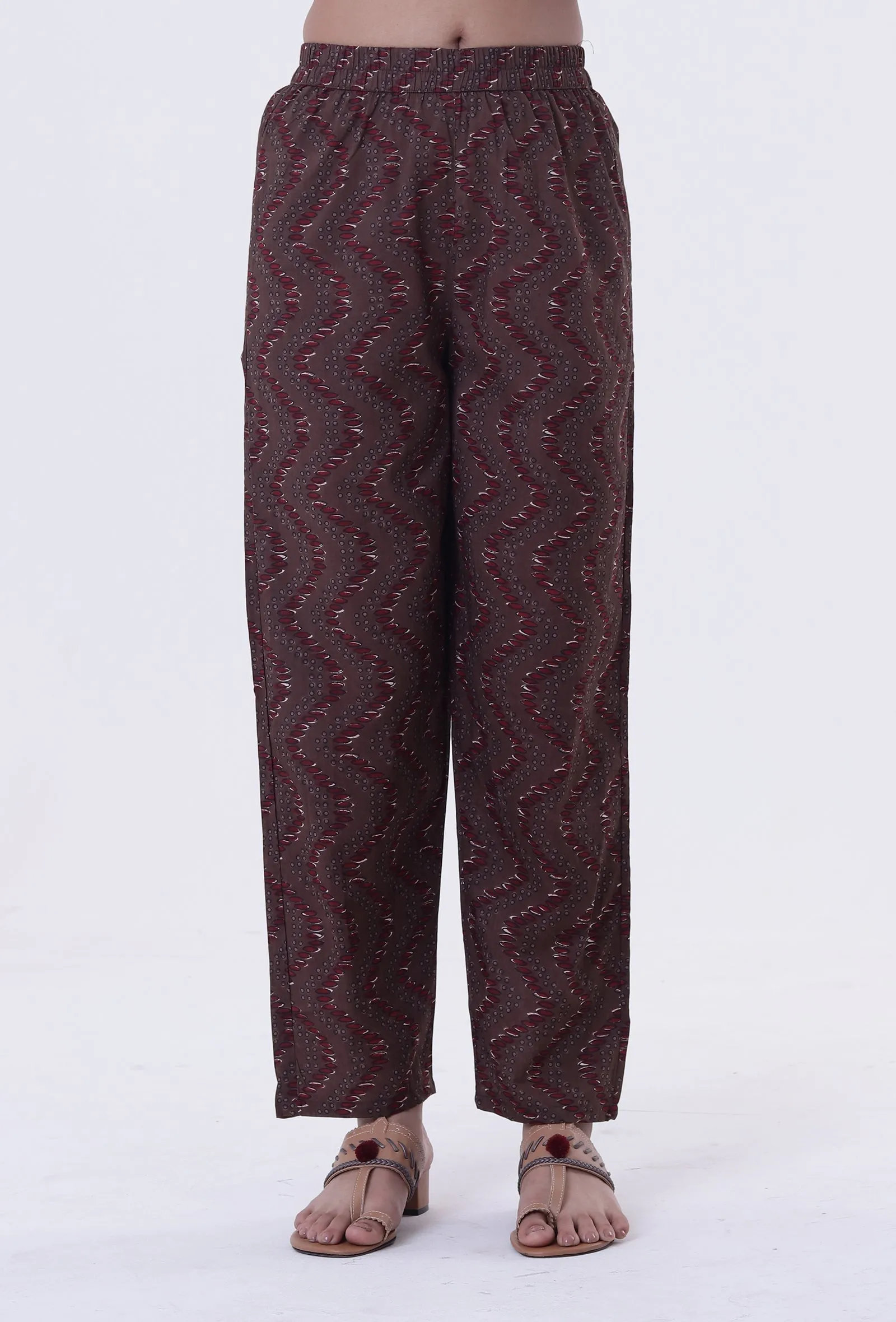 Set Of 3: Woody Brown & White Cotton Block Printed Kurta, Pant & Dupatta