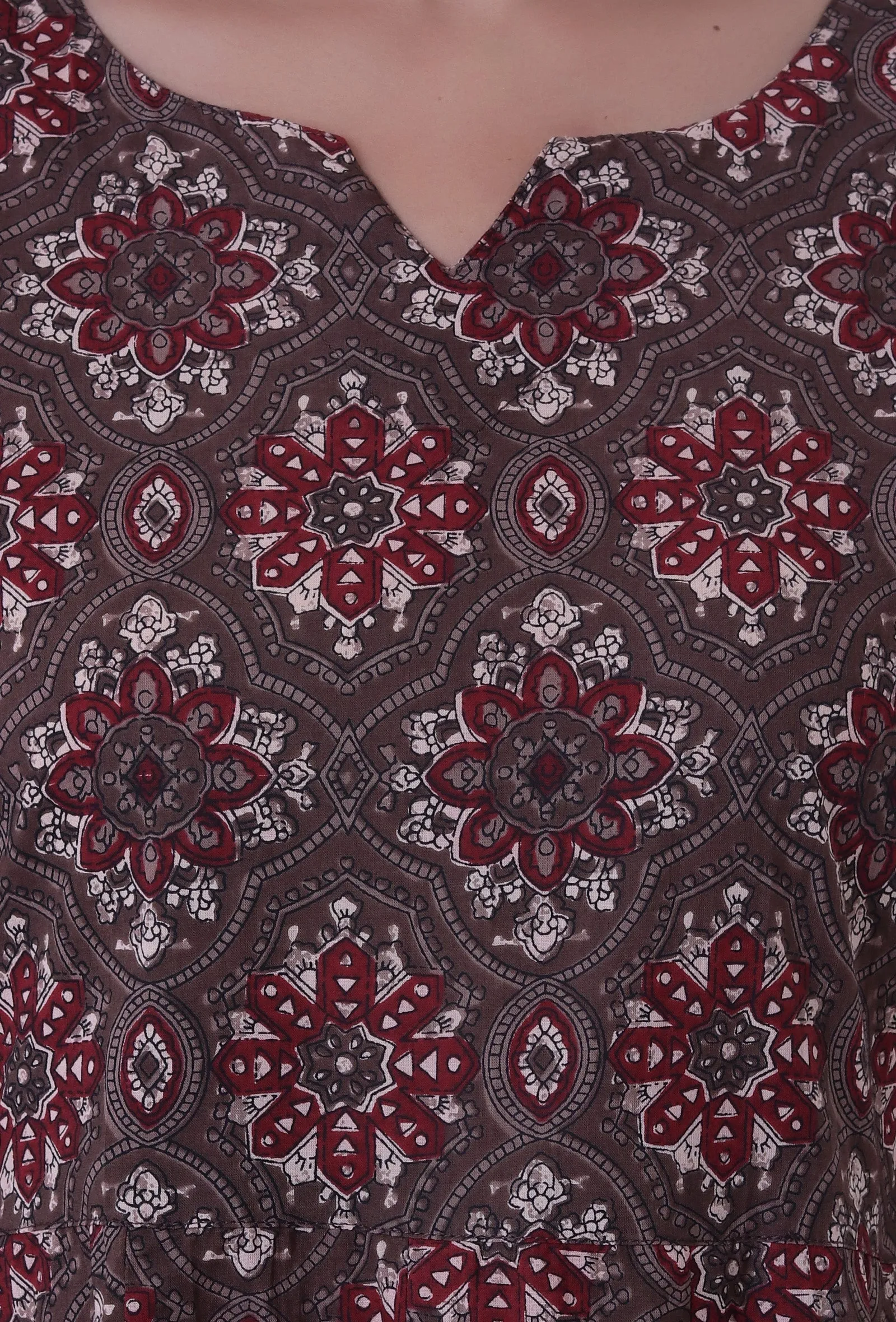 Set Of 3: Woody Brown & White Cotton Block Printed Kurta, Pant & Dupatta