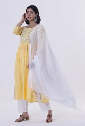Set Of 3: Yellow & White Cotton Block Printed Kurta, Pant & Dupatta