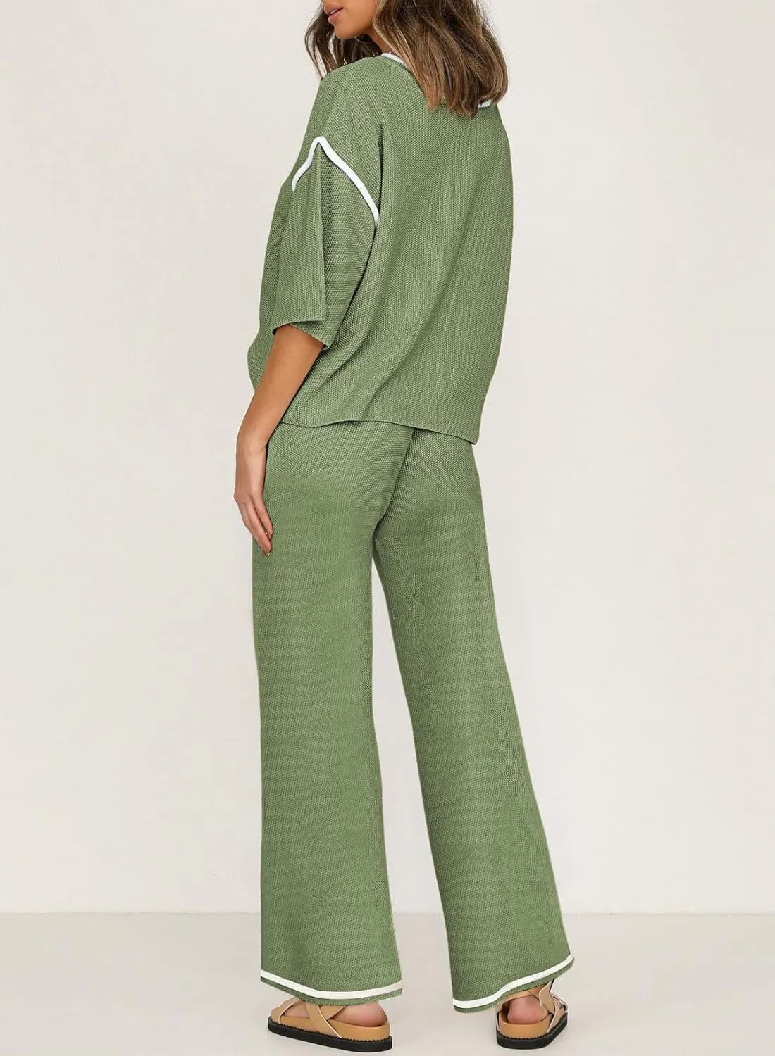 SHEWIN Womens Two Piece Outfits Casual Short Sleeve Knit Sweater Tops Matching Wide Leg Pants Tracksuit Lounge Sets