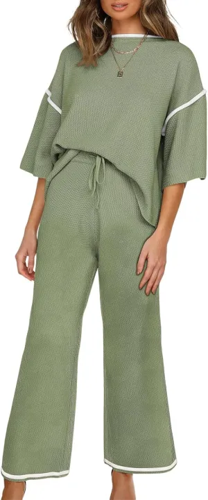 SHEWIN Womens Two Piece Outfits Casual Short Sleeve Knit Sweater Tops Matching Wide Leg Pants Tracksuit Lounge Sets
