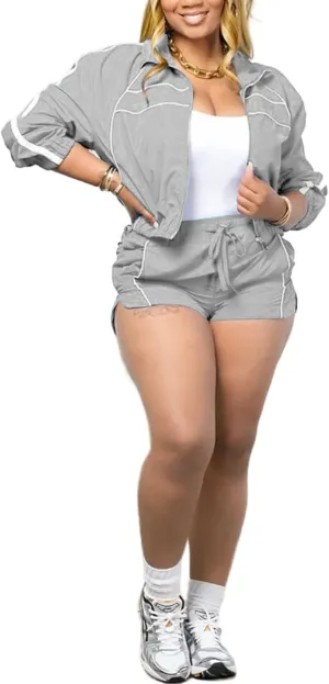 SHINFY Women Summer 2 Piece Short Sets Long Sleeve Zip Jacket Matching Shorts Jogger Sweatsuits Workout Lounge Sets