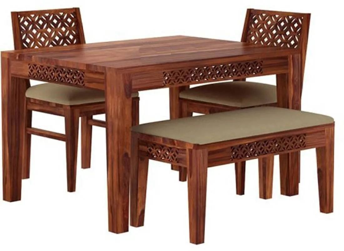 SHREE NATH JI CRAFT HOUSE Sheesham Wood 4 Seater Dining Table Set for Home Hall || Solid Wood Dining Table with 2 Cushion Chairs and Bench for Hotels || Dining Room Sets - Honey Finish