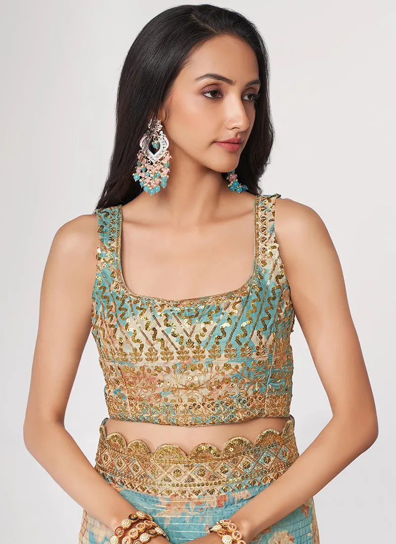 Sky Blue Floral Print And Sequence Embroidery Organza Saree