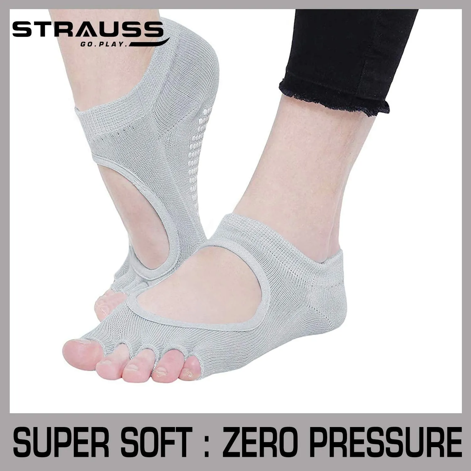 STRAUSS Women Yoga Socks |Non-Slip Grips, Ideal for Pilates, Pure Barre, Ballet, Dance, Barefoot Workout Small, (Grey)