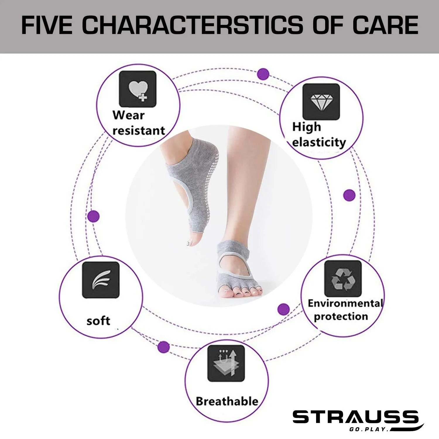STRAUSS Women Yoga Socks |Non-Slip Grips, Ideal for Pilates, Pure Barre, Ballet, Dance, Barefoot Workout Small, (Grey)