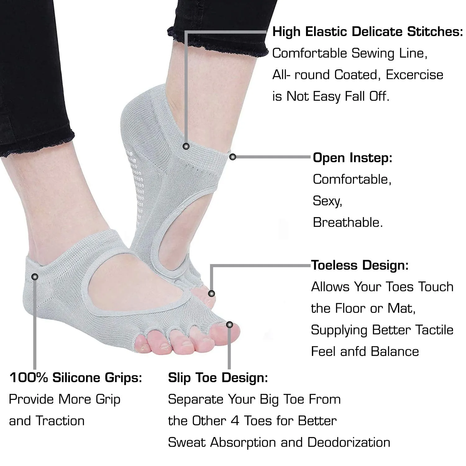 STRAUSS Women Yoga Socks |Non-Slip Grips, Ideal for Pilates, Pure Barre, Ballet, Dance, Barefoot Workout Small, (Grey)