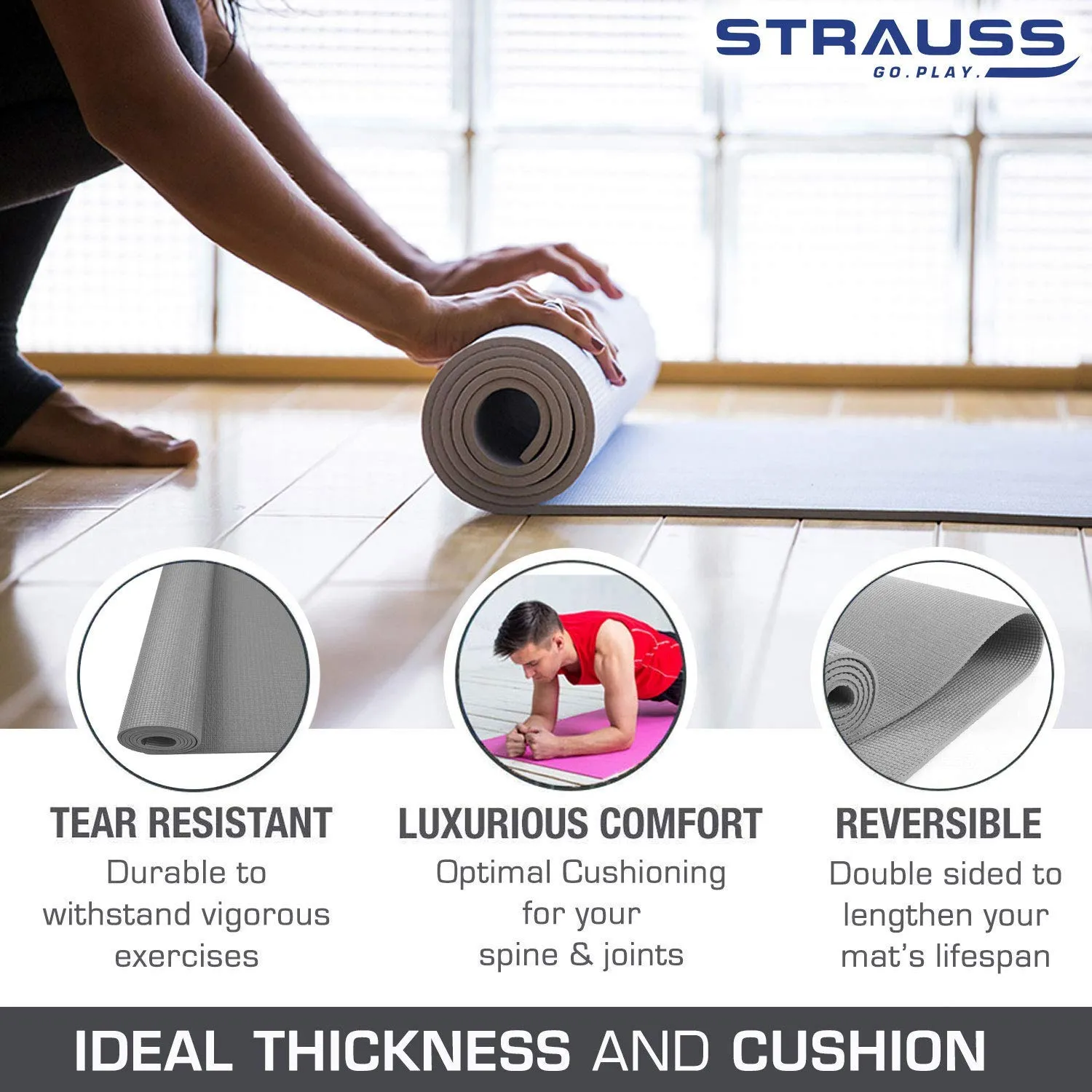 Strauss Yoga Mat, 6mm (Grey) and Cooling Towel, 80 cm, (Grey)