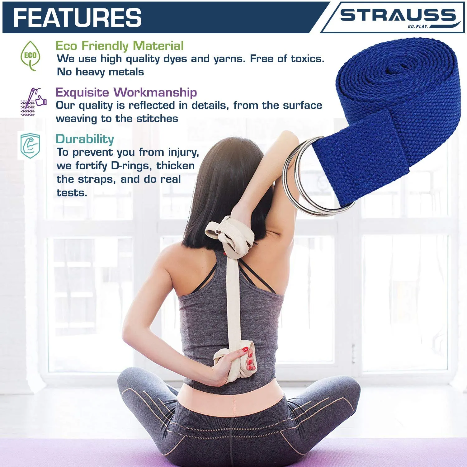 Strauss Yoga Mat 6mm (Yogasana), Yoga Block, (Navy Blue), Pair, Anti-Microbial Sports Cooling Towel(Blue) and Yoga Belt, 8 Feet, (Blue)