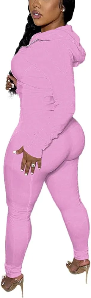 TOPSRANI Women Two Piece Outfits Bodycon Tracksuit Sweatsuits Hoodie Solid Jogger Workout Lounge Zipper Long Sleeve Pant Sets