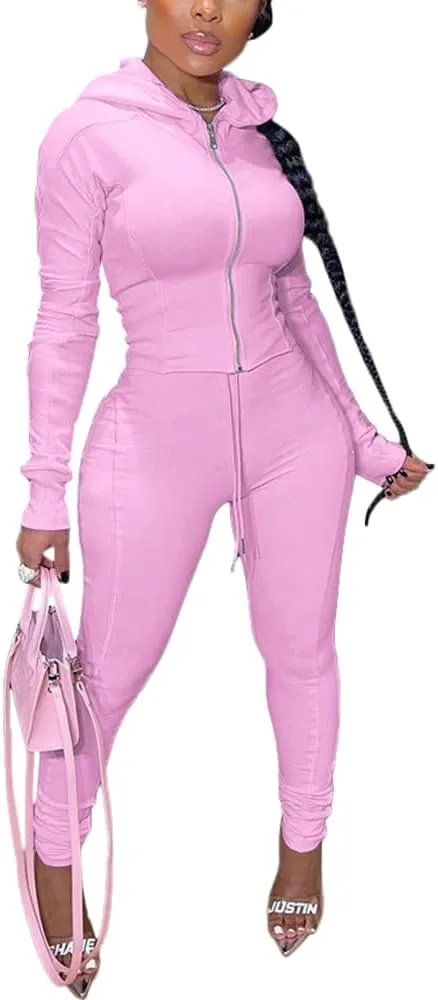 TOPSRANI Women Two Piece Outfits Bodycon Tracksuit Sweatsuits Hoodie Solid Jogger Workout Lounge Zipper Long Sleeve Pant Sets