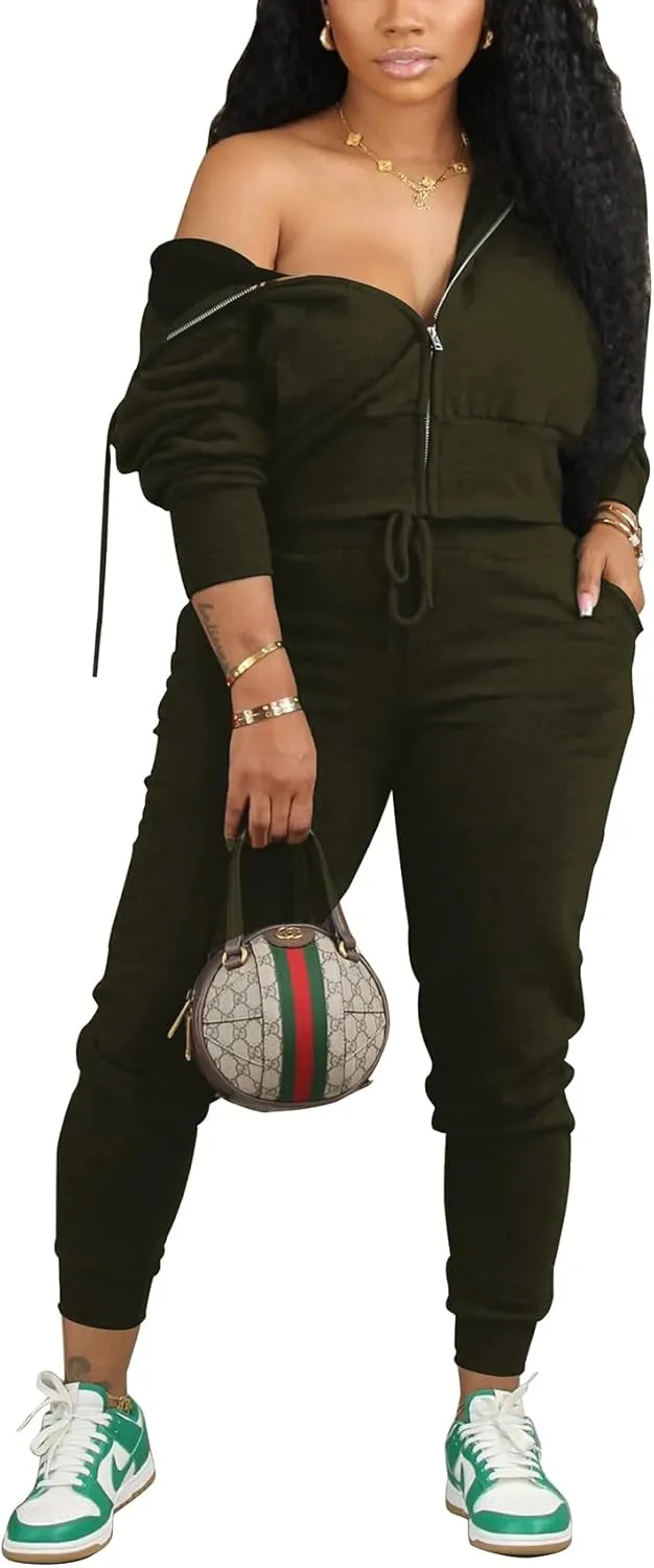 TOPSRANI Womens Two Piece Outfits Casual Sweatsuits Solid Tracksuit Jogging Zip Up Jogger Hoodie Long Pant Sets with Pockets