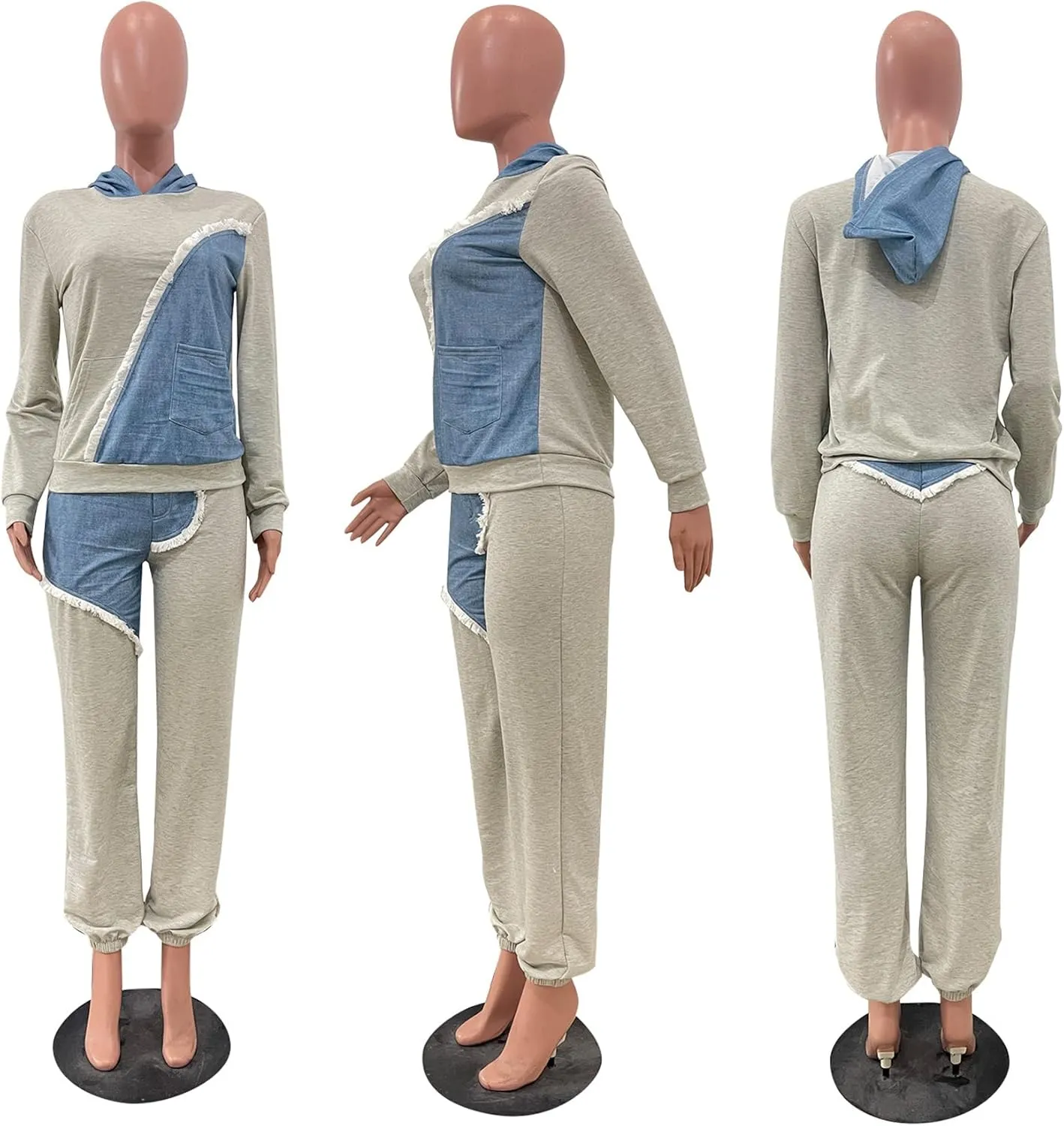 Two Piece Outfits for Women Long Sleeve Casual Hoodie Sweatshirt Pants Set with Pockets Patchwork Denim Sweatsuits