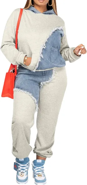 Two Piece Outfits for Women Long Sleeve Casual Hoodie Sweatshirt Pants Set with Pockets Patchwork Denim Sweatsuits