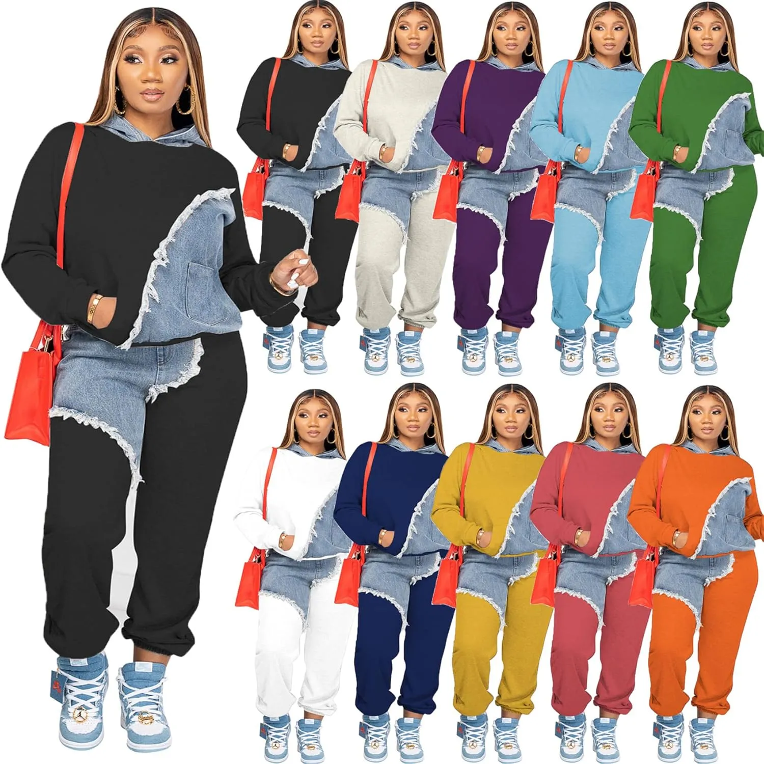 Two Piece Outfits for Women Long Sleeve Casual Hoodie Sweatshirt Pants Set with Pockets Patchwork Denim Sweatsuits