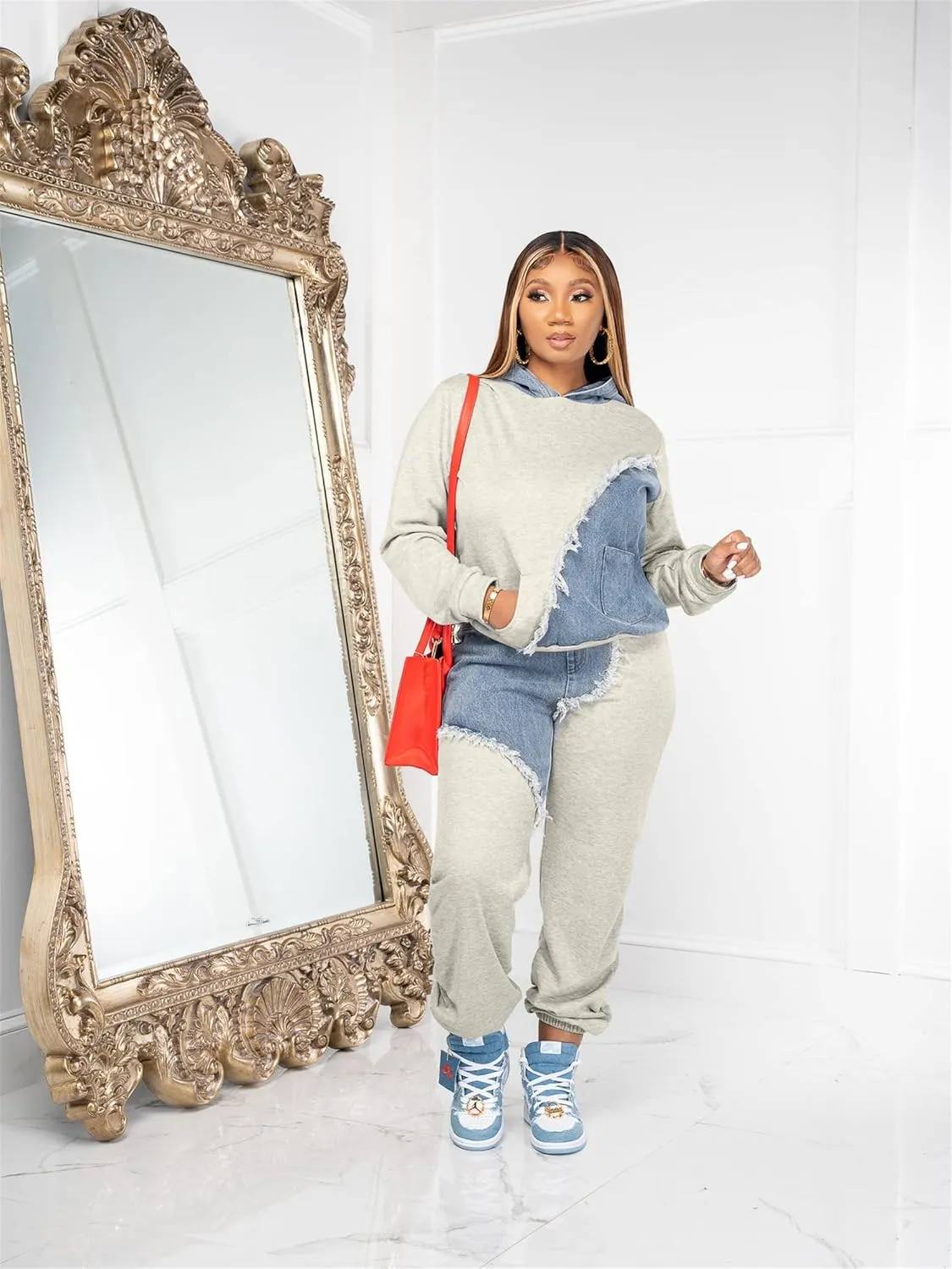 Two Piece Outfits for Women Long Sleeve Casual Hoodie Sweatshirt Pants Set with Pockets Patchwork Denim Sweatsuits