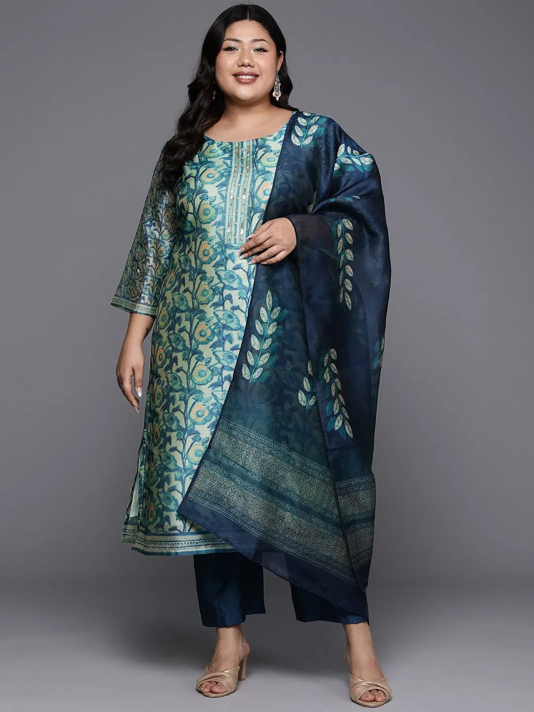 Varanga Women Plus Size Blue Floral Printed Kurta, Round Neck Straight Kurta Paired With Tonal Bottom And Printed Dupatta.