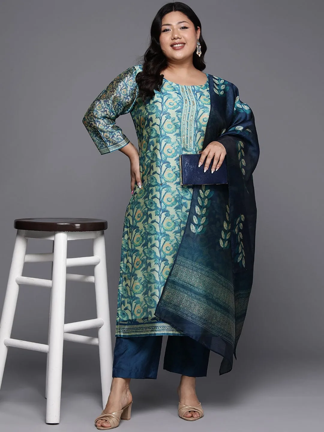 Varanga Women Plus Size Blue Floral Printed Kurta, Round Neck Straight Kurta Paired With Tonal Bottom And Printed Dupatta.