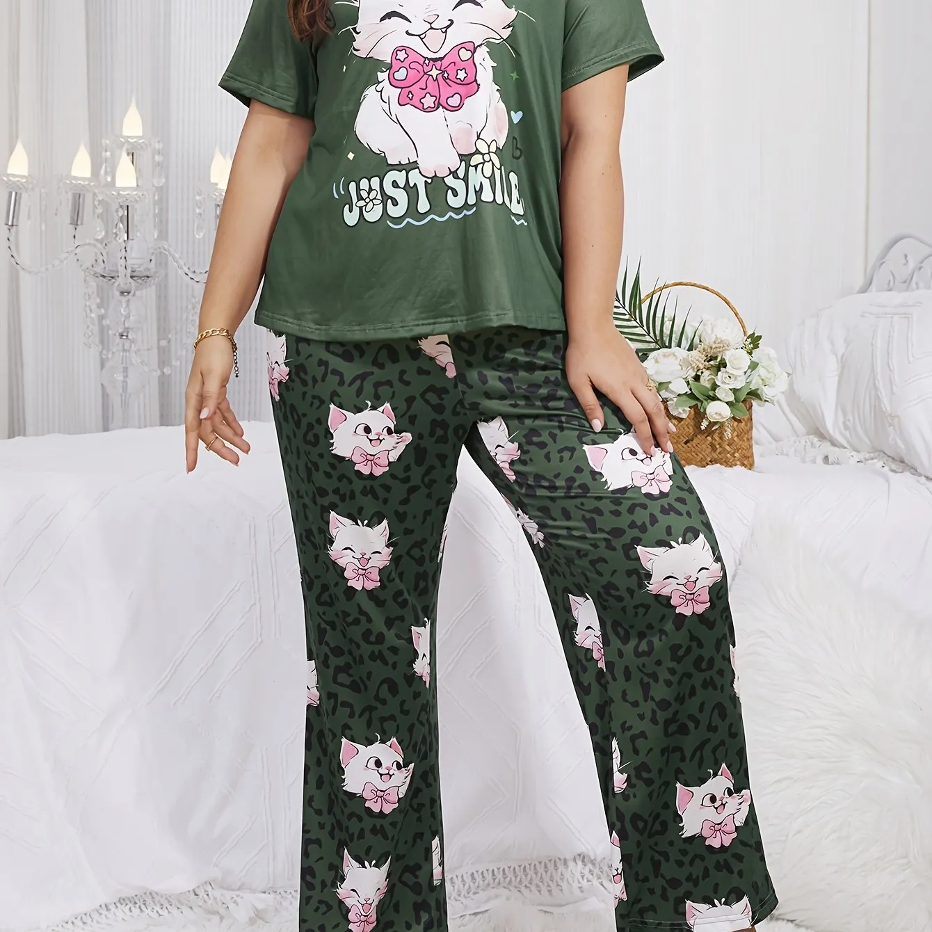 Whimsical Comfort Women's Plus Kawaii Cat & Leopard Print Pajama Set