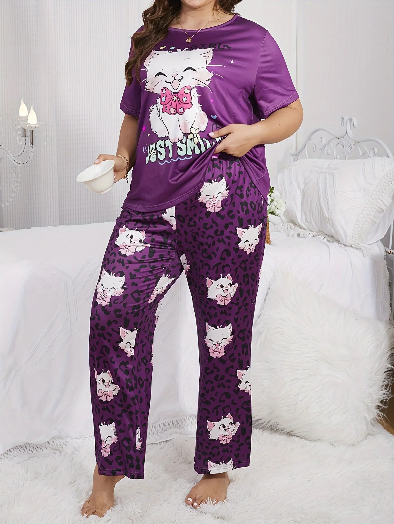 Whimsical Comfort Women's Plus Kawaii Cat & Leopard Print Pajama Set