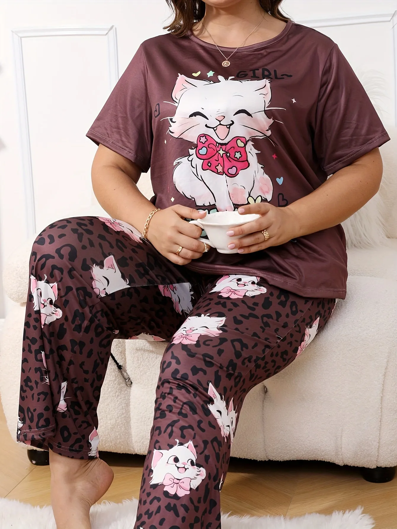 Whimsical Comfort Women's Plus Kawaii Cat & Leopard Print Pajama Set