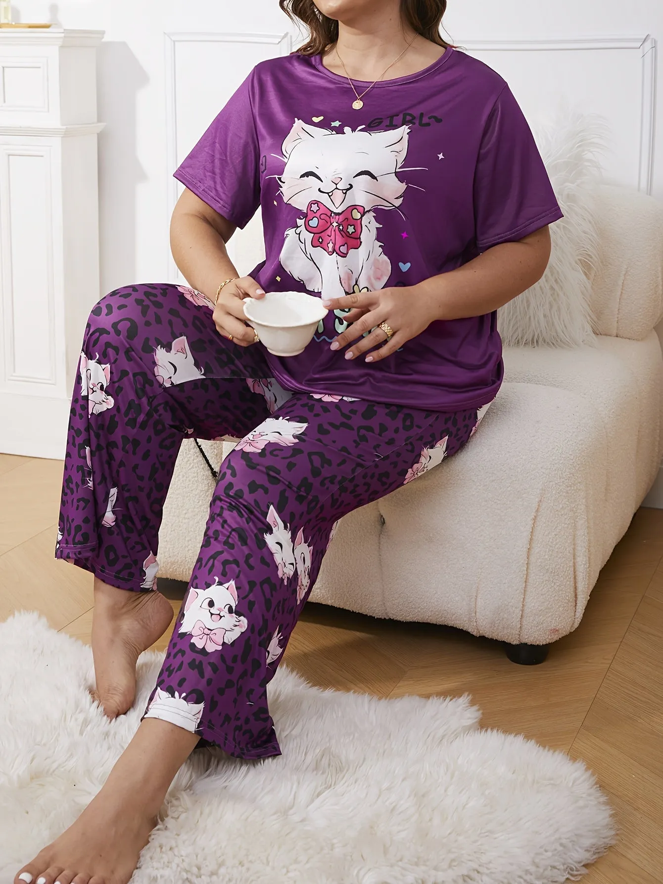 Whimsical Comfort Women's Plus Kawaii Cat & Leopard Print Pajama Set
