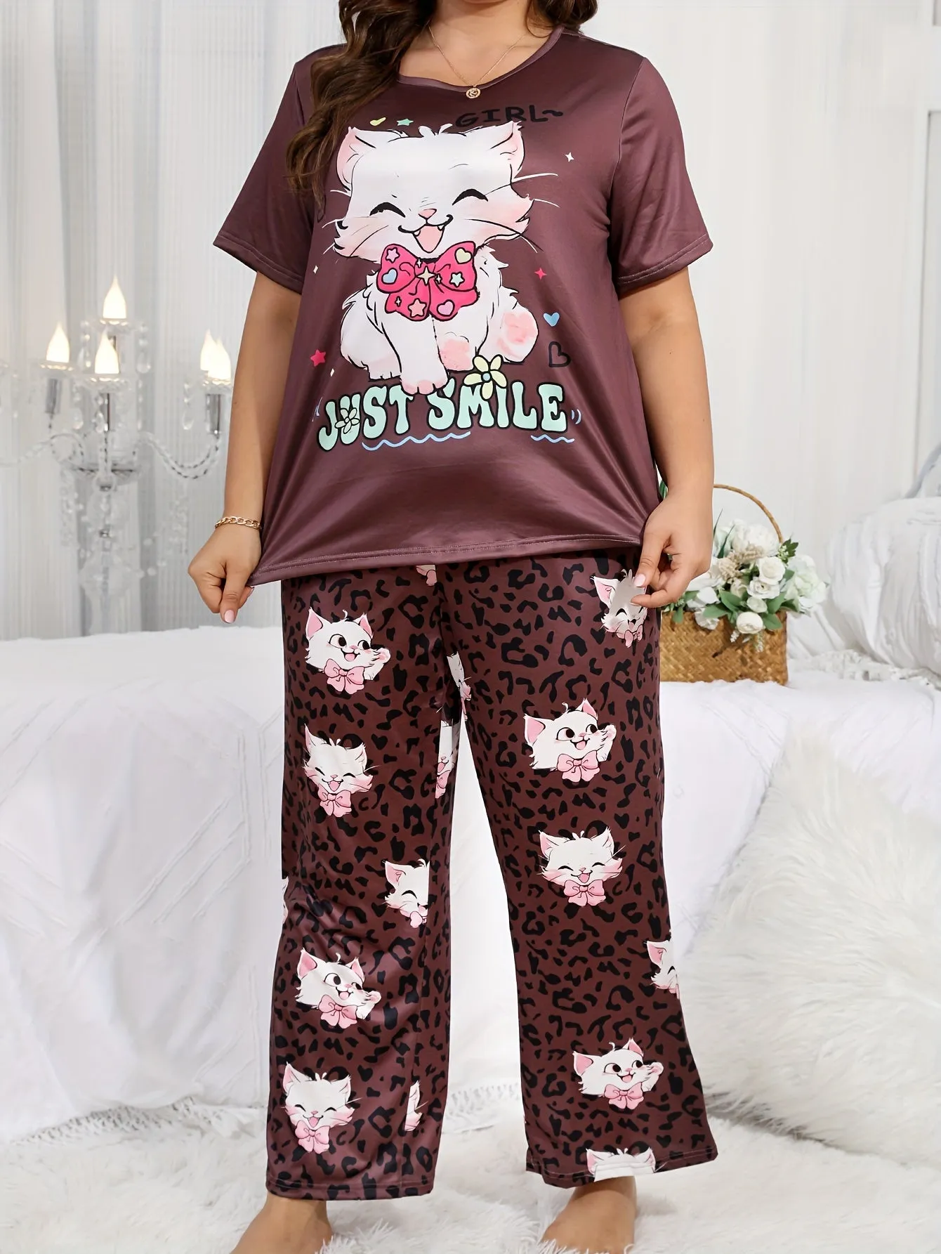 Whimsical Comfort Women's Plus Kawaii Cat & Leopard Print Pajama Set