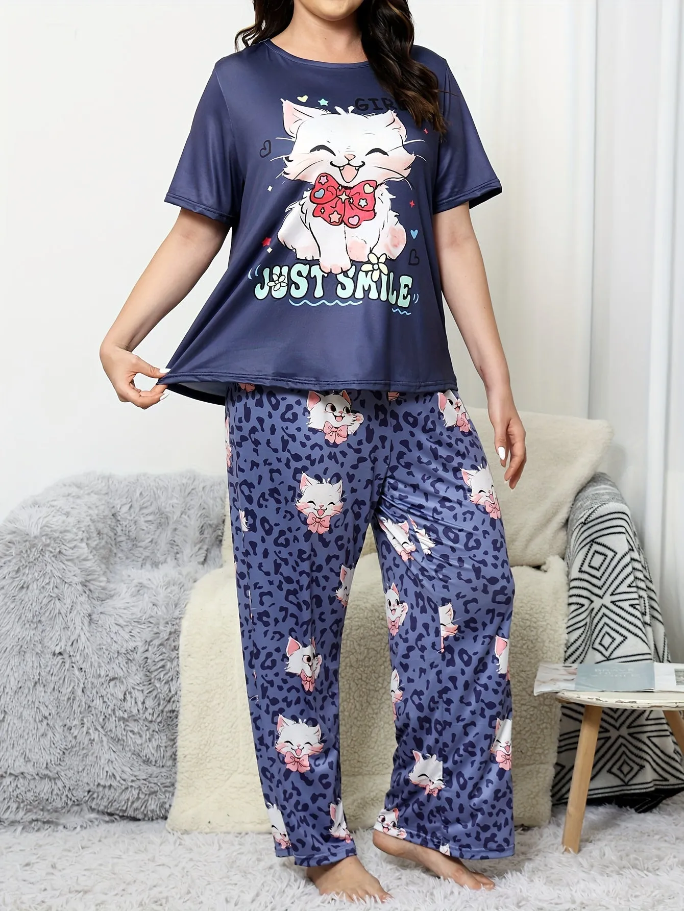 Whimsical Comfort Women's Plus Kawaii Cat & Leopard Print Pajama Set