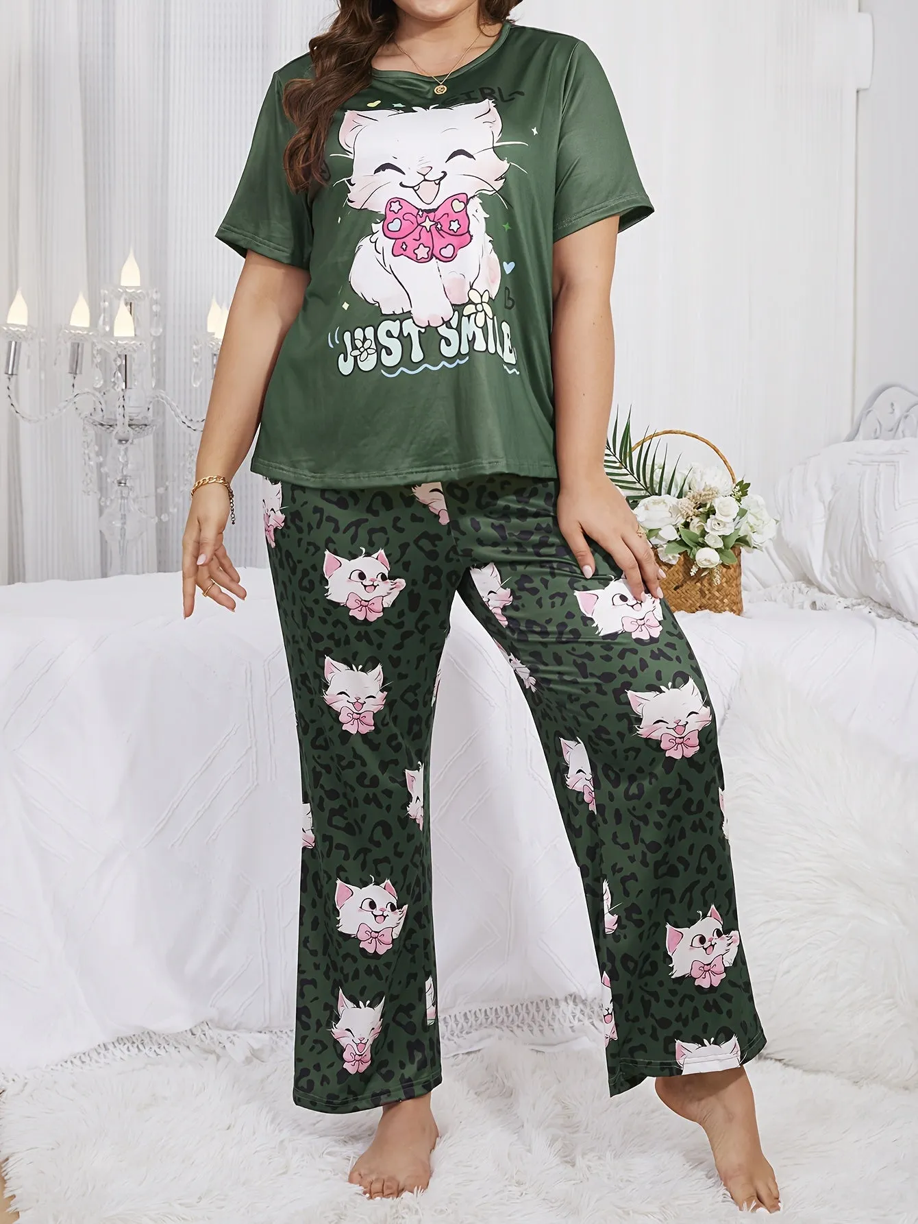 Whimsical Comfort Women's Plus Kawaii Cat & Leopard Print Pajama Set