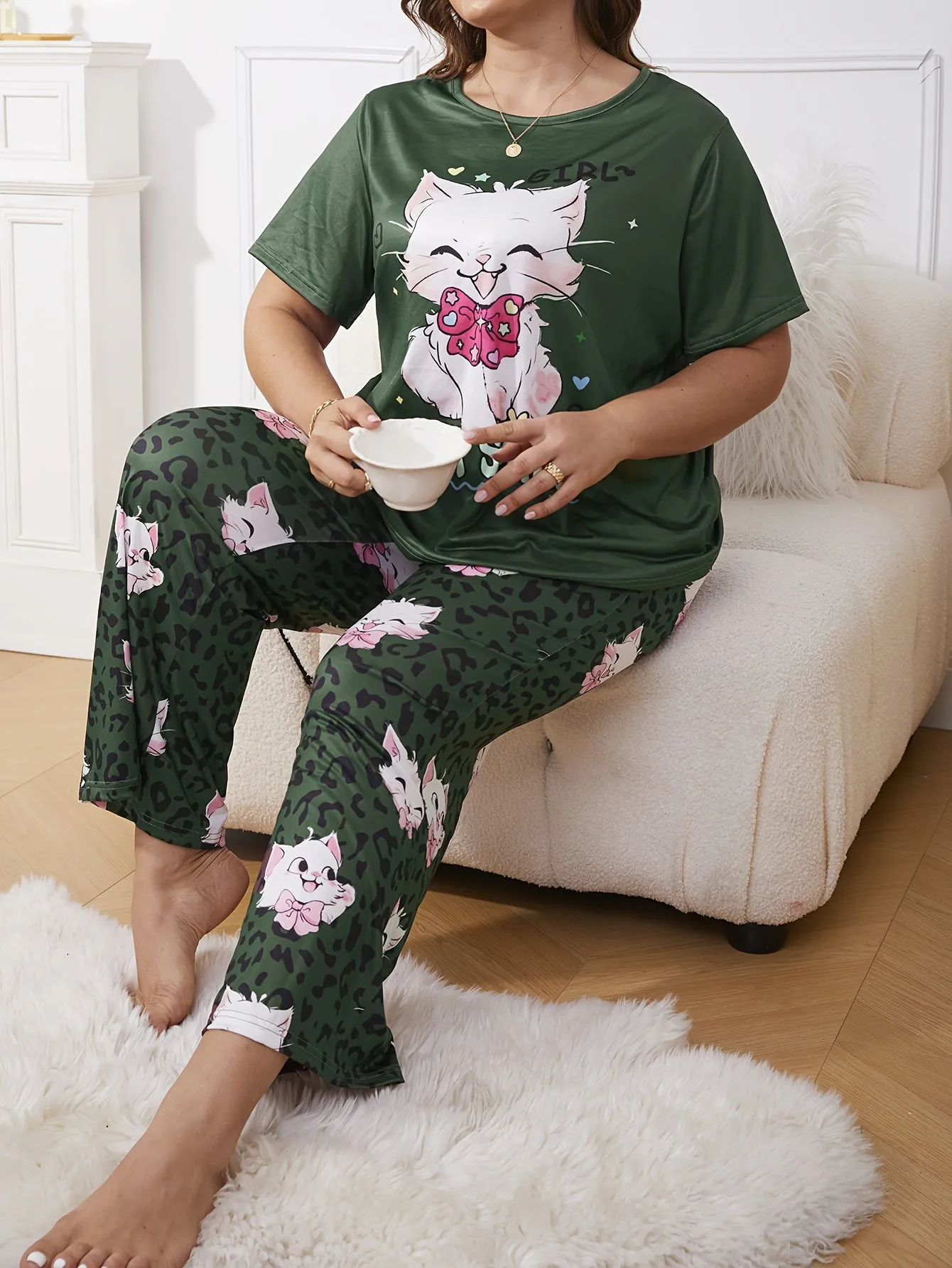 Whimsical Comfort Women's Plus Kawaii Cat & Leopard Print Pajama Set