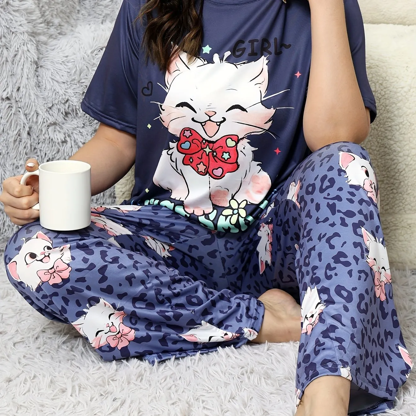 Whimsical Comfort Women's Plus Kawaii Cat & Leopard Print Pajama Set