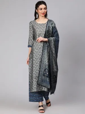 Women Grey & Navy Blue Ethnic Printed Straight Kurta With Palazzo And Printed Dupatta