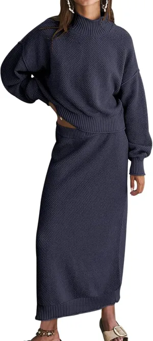 Womens 2 Piece Waffle Knit Lounge Outfits Turtleneck Pullover Sweater High Waist Long Pencil Skirt Set