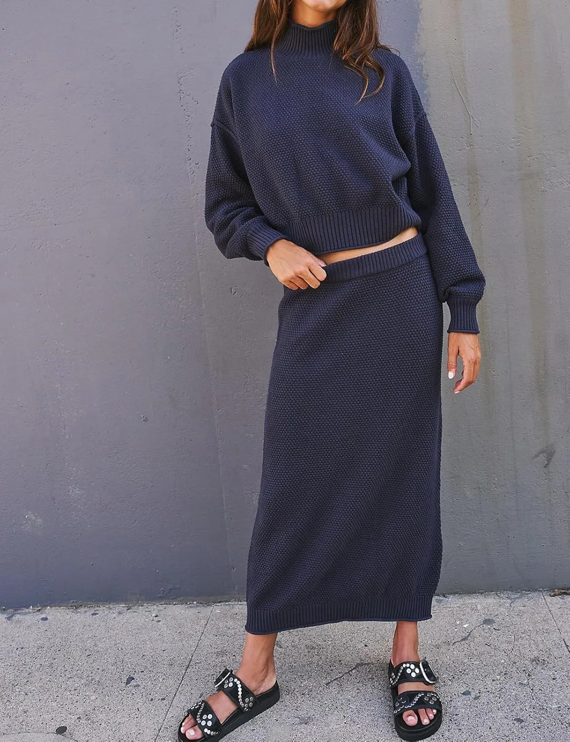 Womens 2 Piece Waffle Knit Lounge Outfits Turtleneck Pullover Sweater High Waist Long Pencil Skirt Set