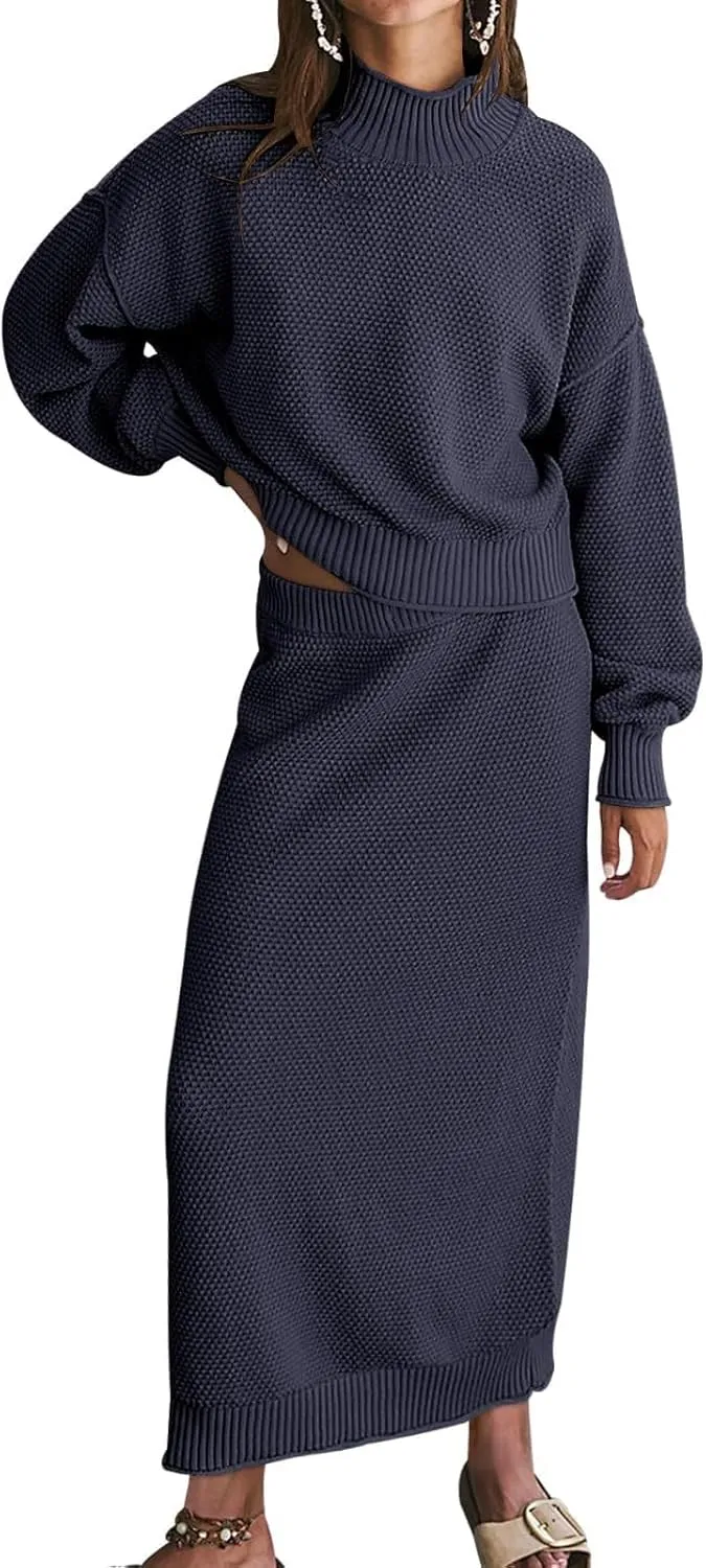 Womens 2 Piece Waffle Knit Lounge Outfits Turtleneck Pullover Sweater High Waist Long Pencil Skirt Set