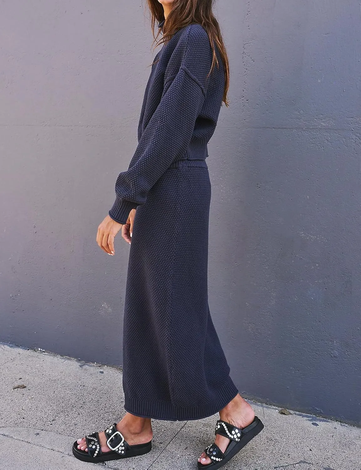 Womens 2 Piece Waffle Knit Lounge Outfits Turtleneck Pullover Sweater High Waist Long Pencil Skirt Set